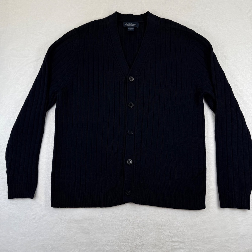 Brooks Brothers Mens Navy‎ Blue 100% Lambswool Ribbed V-Neck Cardigan Sweater L